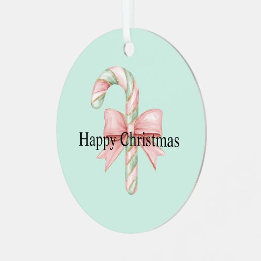 ミントピンクの金ゴールドキャンディーケーンボウクリスマス メタルオーナメント (正面左)