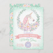 ミントピンクキュートユニコーンバースデーパーティ招待状 招待状 (正面/裏面)