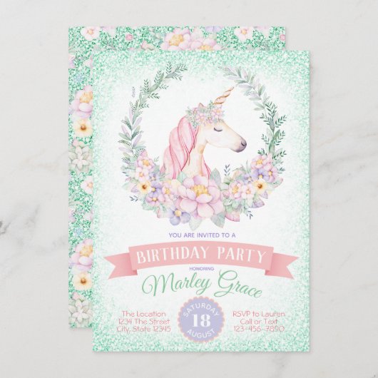 ミントピンクキュートユニコーンバースデーパーティ招待状 招待状 (正面/裏面)