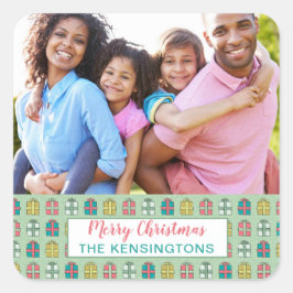 ミントピンクティール（緑がかった色）クリスマスパターンホリデーフォト スクエアシール