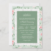 ミントピンクフローラホワイトレースフレームムスリム結婚ズ 招待状 (正面)