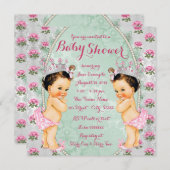 ミントピンクローズツインガールベビーシャワー招待状 招待状 (正面/裏面)