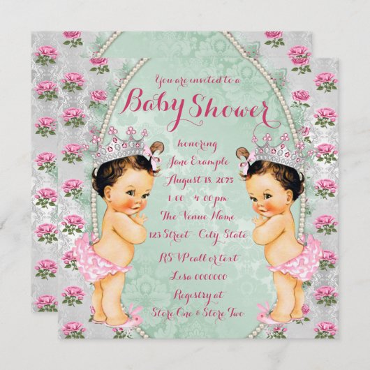 ミントピンクローズツインガールベビーシャワー招待状 招待状 (正面/裏面)