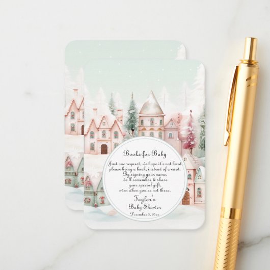 ミントピンク冬おとぎ話シャワーブックベビー エンクロージャーカード (正面/裏面インサイチュ)