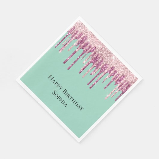 ミントピンク赤面アイスクリームグリッタードリップ誕生日 スタンダードランチョンナプキン (角)