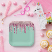 ミントピンク赤面アイスクリームグリッタードリップ誕生日 ペーパープレート (パーティー)