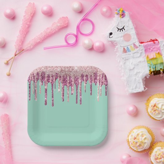 ミントピンク赤面アイスクリームグリッタードリップ誕生日 ペーパープレート (パーティー)