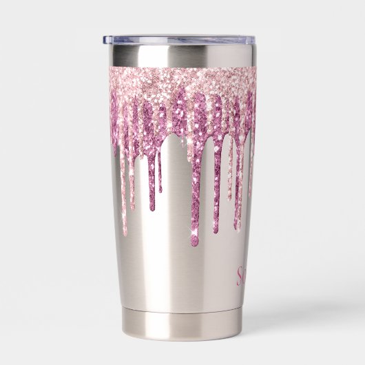 ミントピンク赤面アイスクリームグリッタードリップ 保温保冷タンブラー (右面)