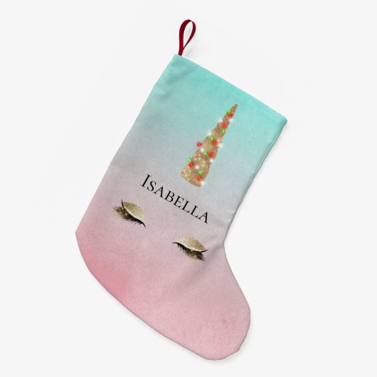 ミントピンク金ゴールドスパークルグラムユニコーンライト スモールクリスマスストッキング (正面 (吊り時))