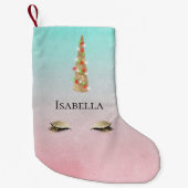 ミントピンク金ゴールドスパークルグラムユニコーンライト スモールクリスマスストッキング (正面)
