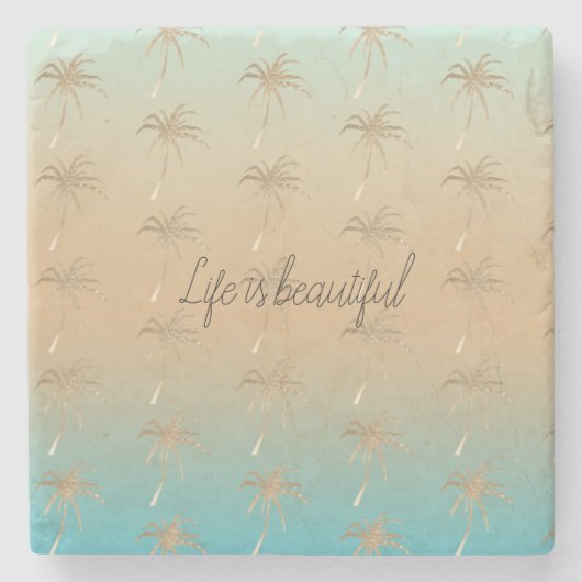 ミントピーチアクアトロピカル金ゴールドパームツリーズ ストーンコースター (正面)