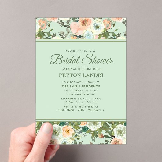 ミントピーチウォーターカラーフローラアーチブライダルシャワー アクリル招待状 (インサイチュ (ポータブル))