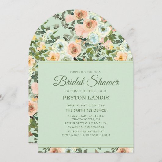 ミントピーチウォーターカラーフローラアーチブライダルシャワー 招待状 (正面/裏面)