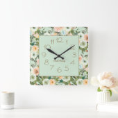 ミントピーチウォーターカラーフローラファミリー名 スクエア壁時計 (ホーム)