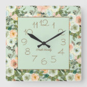 ミントピーチウォーターカラーフローラファミリー名 スクエア壁時計 (正面)