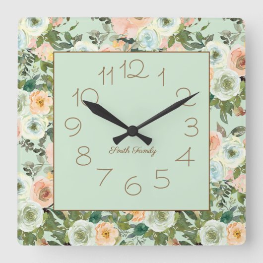 ミントピーチウォーターカラーフローラファミリー名 スクエア壁時計 (正面)