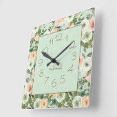 ミントピーチウォーターカラーフローラファミリー名 スクエア壁時計 (傾斜)