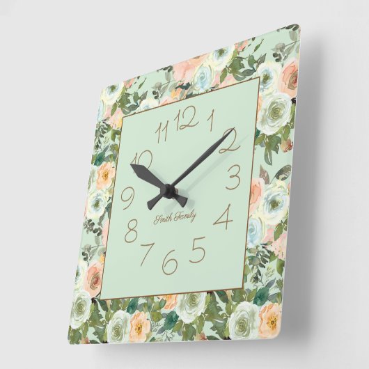 ミントピーチウォーターカラーフローラファミリー名 スクエア壁時計 (傾斜)