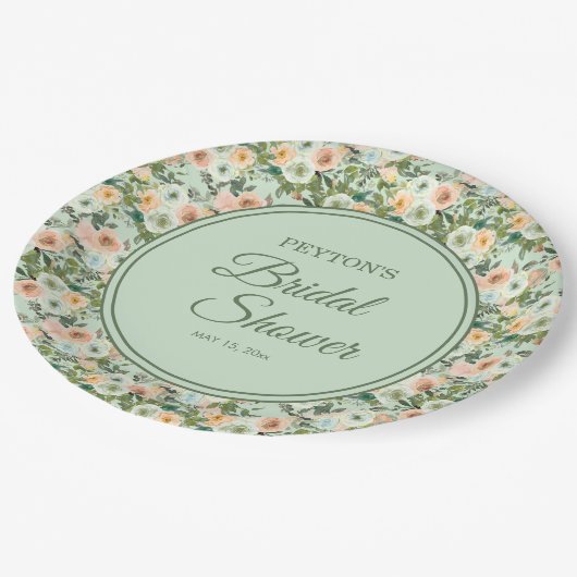 ミントピーチウォーターカラーフローラブライダルシャワー ペーパープレート (アングル)