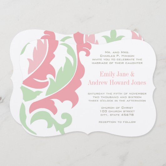 ミントピーチピンクとグレーダマスウェディング招待状 招待状 (正面/裏面)