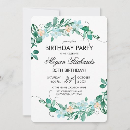 ミントピーチフローラリース誕生日パーティー招待状 招待状 (正面)