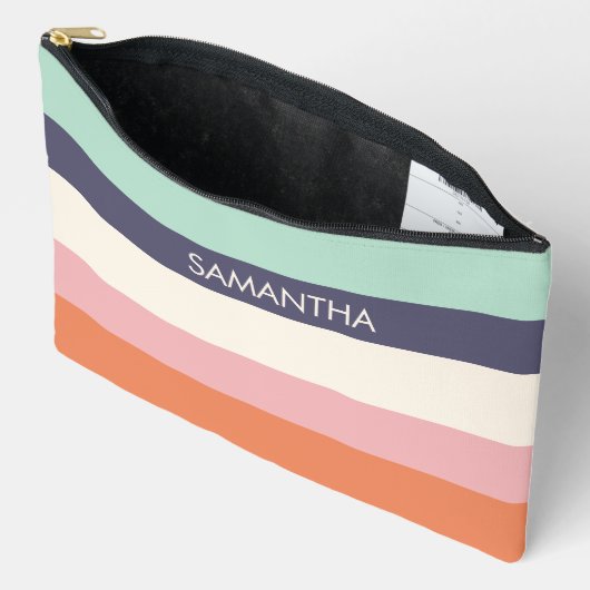 ミントピーチモダンカラーブロックストライプパーソナライズ アクセサリーポーチ (見開き)