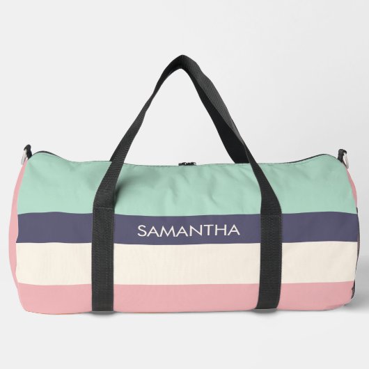 ミントピーチモダンカラーブロックストライプパーソナライズ ダッフルバッグ (正面)