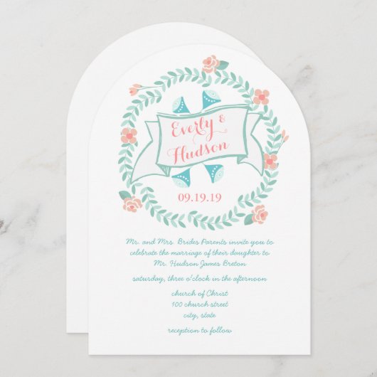 ミントピーチ素朴コーラルヴィンテージフローラガーランド 招待状 (正面/裏面)