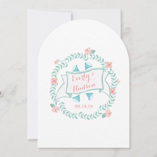 ミントピーチ素朴コーラルヴィンテージフローラガーランド 招待状 (裏面)