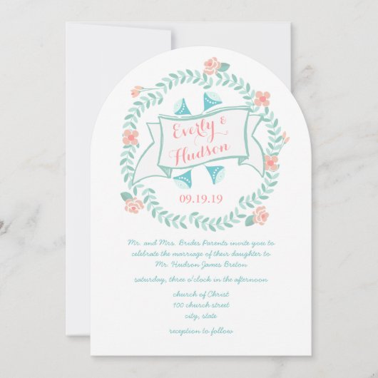 ミントピーチ素朴コーラルヴィンテージフローラガーランド 招待状 (正面)