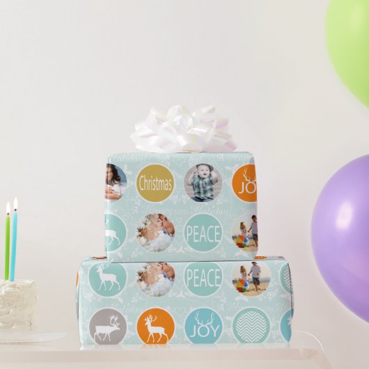 ミントファミリーフォトトナカイのクリスマス明メリーるい ラッピングペーパー (パーティーギフト)