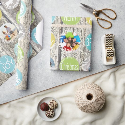 ミントファミリーフォトトナカイのクリスマス明メリーるい ラッピングペーパー (クラフト)