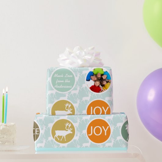 ミントファミリーフォトトナカイのクリスマス明メリーるい ラッピングペーパー (パーティーギフト)