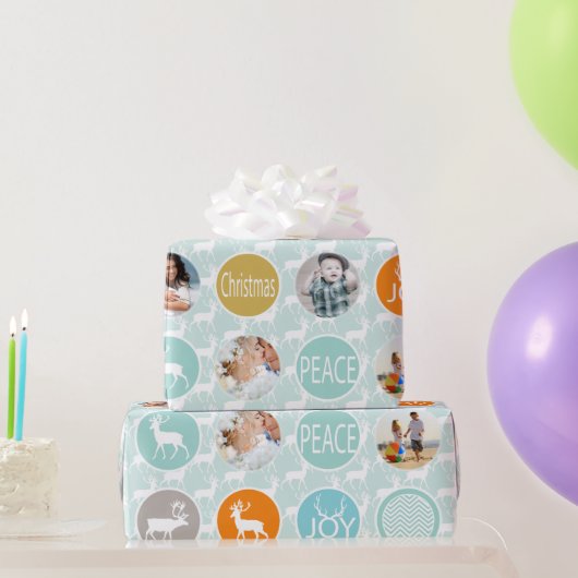 ミントファミリーフォトトナカイのクリスマス明メリーるい ラッピングペーパー (パーティーギフト)