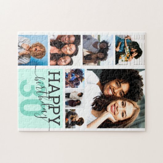ミントファミリーフレンズフォトコラージュハッピーバースデー ジグソーパズル (横)