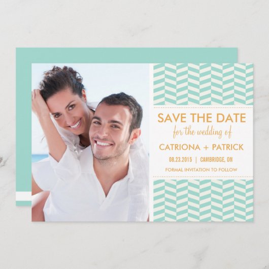 ミントフィッシュボーンパターンセーブ・ザ・デート案内 招待状 (正面/裏面)