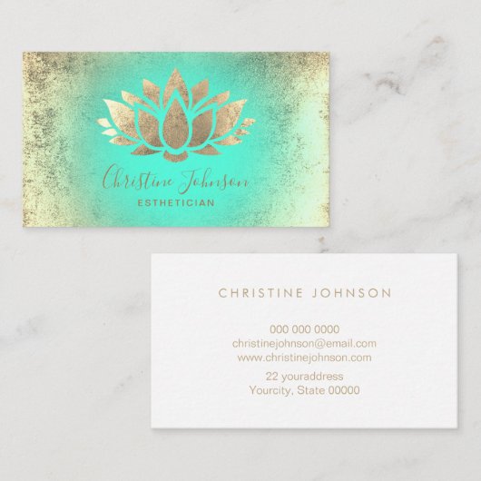 ミントフェイクグラディエントの金ゴールドフォイル蓮 名刺 (正面/裏面)