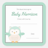 ミントフクロウベビーシャワー蔵書票、ニュートラルブック スクエアシール (正面)