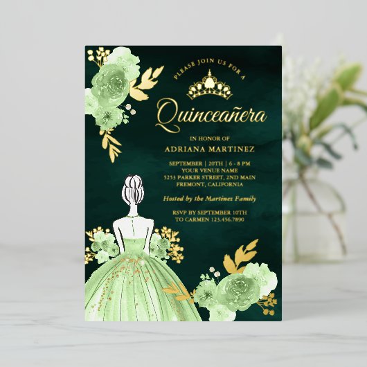 ミントフローラドレスエメラルドグリーンキンセアニェラ金ゴールド 箔招待状 (立ち正面)