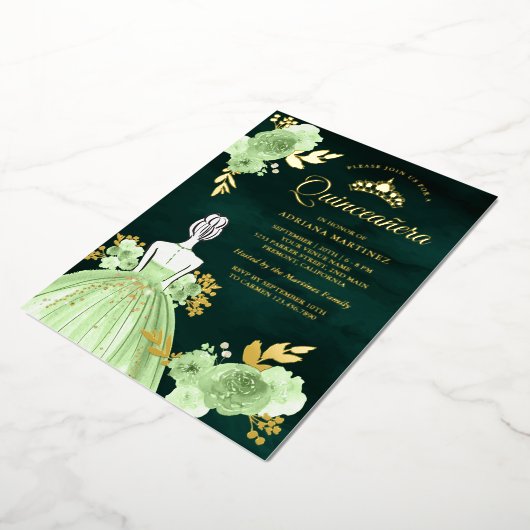 ミントフローラドレスエメラルドグリーンキンセアニェラ金ゴールド 箔招待状 (回転した状態)
