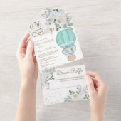 ミントフローラホットエアバルーンエレファントベビーシャワー オールインワン招待状 (貼ってはがせる)