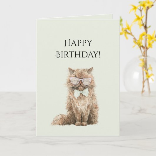 ミントブラウンのクールな猫のメガネの誕生日 カード (黄色い花)