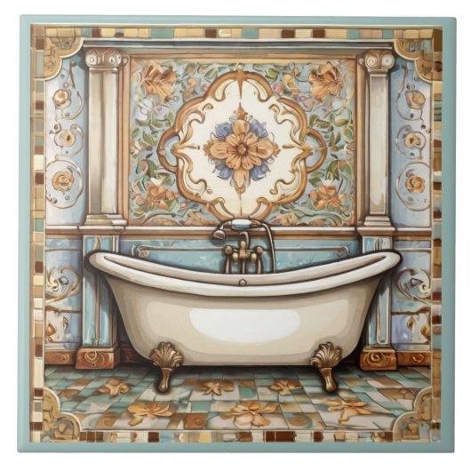 ミントブルーとベージュバスタブ浴室用タイル タイル (正面)