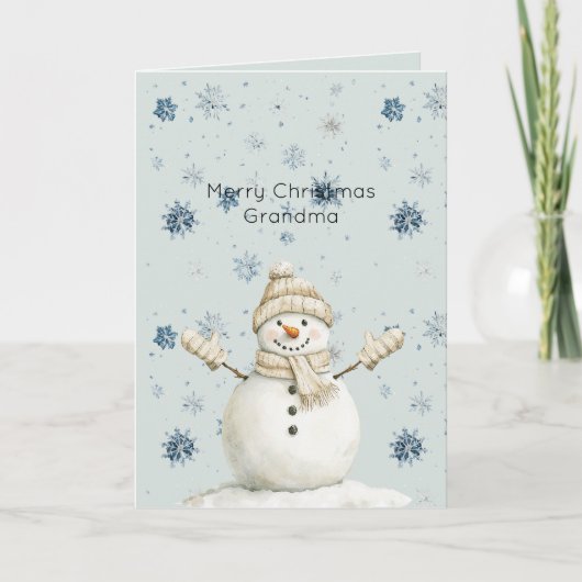 ミントブルーの雪の結晶と雪だるまのクリスマス カード (正面)