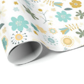 ミントブルーイエローシックフローラ誕生日 ラッピングペーパー (ロールコーナー)