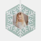 ミントブルーエレガントグリッタースノーフレーク写真 ガラスオーナメント (正面)
