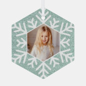 ミントブルーエレガントグリッタースノーフレーク写真 ガラスオーナメント (裏面)