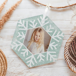 ミントブルーエレガントグリッタースノーフレーク写真 ガラスオーナメント