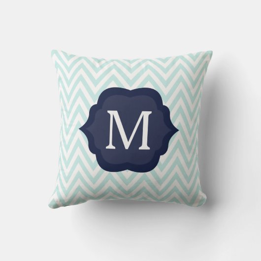 ミントブルー&ホワイトシェブロンネイビーモノグラムデザイン クッション (裏面)