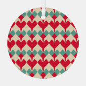 ミントブルー、赤いハートタイルのパターン。 ガラスオーナメント (裏面)